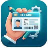 The ID Card Maker app icon: a hand holding an ID card, with a pencil and a gear.