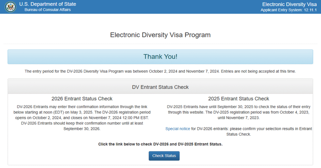 Is the DV lottery 2027 open?